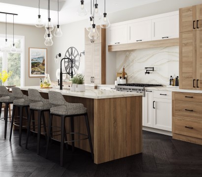 White kitchen cabinets mixed with wood cabinets