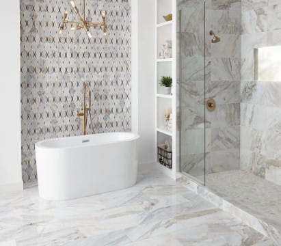 Tile displayed in a bathroom with a tub