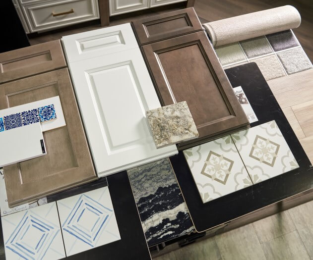 Samples of cabinets, countertops, and tile
