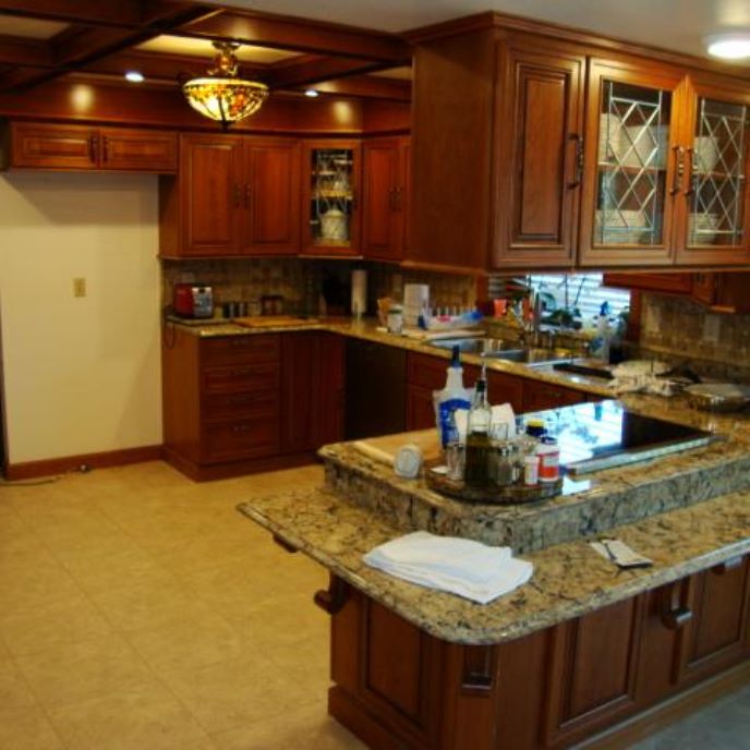 Kitchen With Custom Cabinets Woodwork Cross Hatch Beam Ceiling