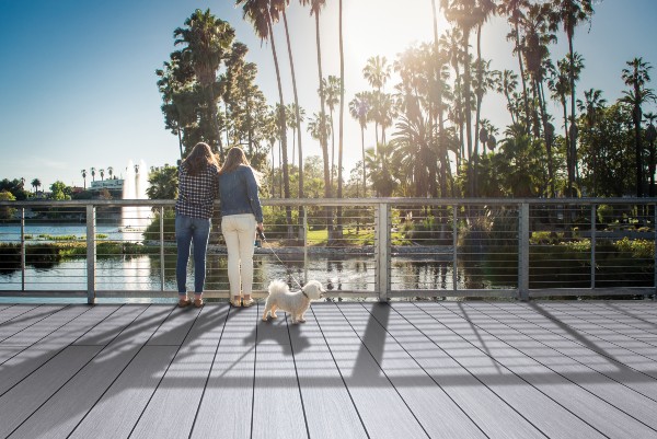 Two people with a small dog enjoying the view from a composite deck overlooking a sunny park with palm trees and a lake.