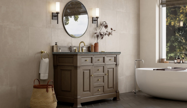 Transitional bathroom with James Martin Brookfield single vanity in warm wood finish.