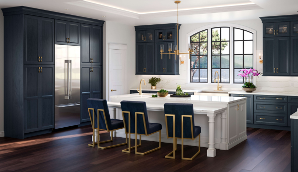 Luxury kitchen with Medallion Gold Monona cabinets in deep navy finish and gold hardware.