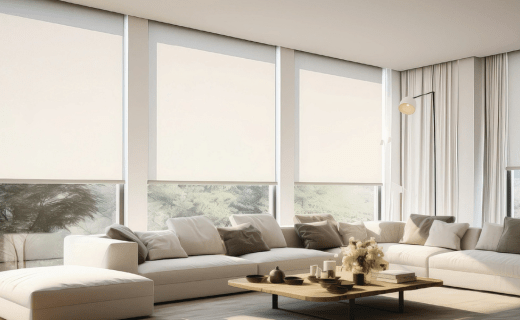 Roller shades in a peaceful calm living space. 