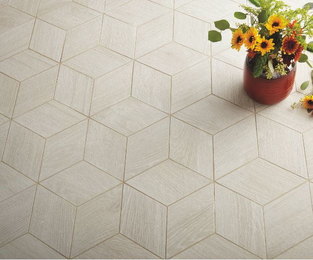 Geometric patterned tile flooring with light wood texture and a red flower pot with vibrant flowers.