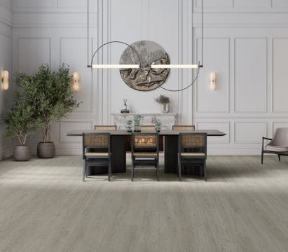 Modern dining room with engineered hardwood flooring, black table, chairs, circular light fixture, and decorative wall panel.