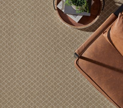 Brown patterned carpet with a leather chair and a small wooden table holding books and plants.