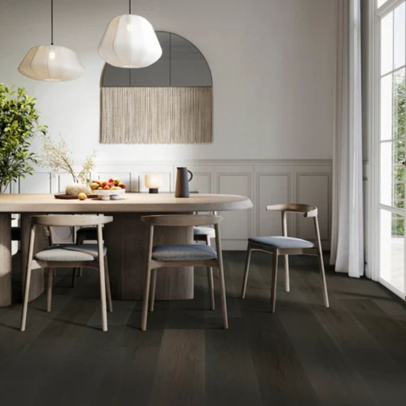 Fabrica dark hardwood flooring ins a neutral tone dining room 