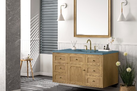 James Martin wood floating vanity bathroom scene 