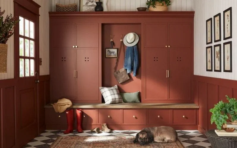 Mudroom with red cabinetry, storage, and decorations including hats, cushions, and plants, with a dog resting on a rug.