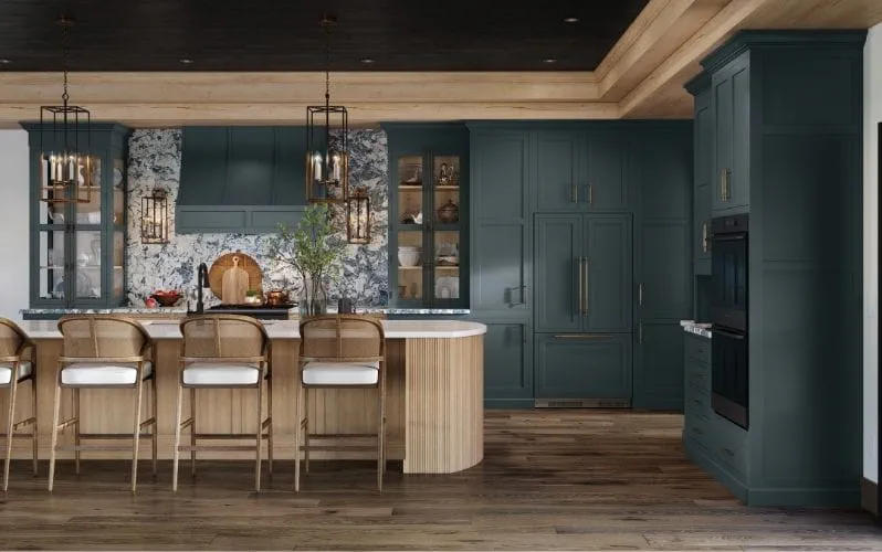 Kitchen interior with dark green cabinets, wooden bar seating, stone backsplash, wooden flooring, and hanging lights.