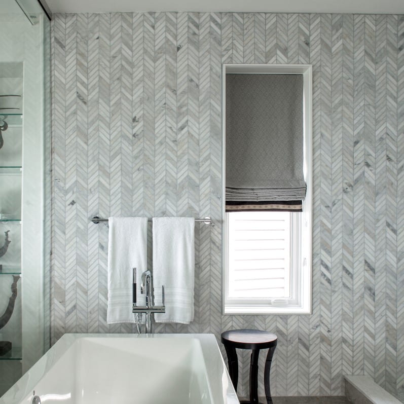 Marble polished chevron wall tiles in the bathroom