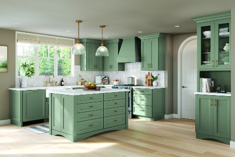 Green Homecrest cabinets in kitchen scene available at ProSource Wholesale