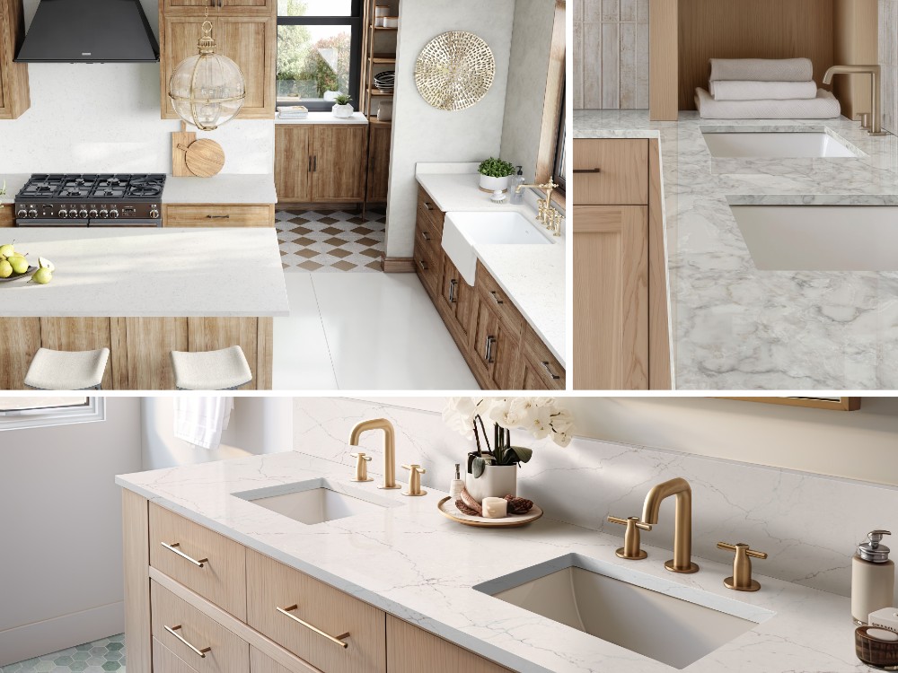 Kitchen and bathroom spaces featuring light-toned ProStone Elite quartz countertops with natural wood cabinetry and brushed gold fixtures