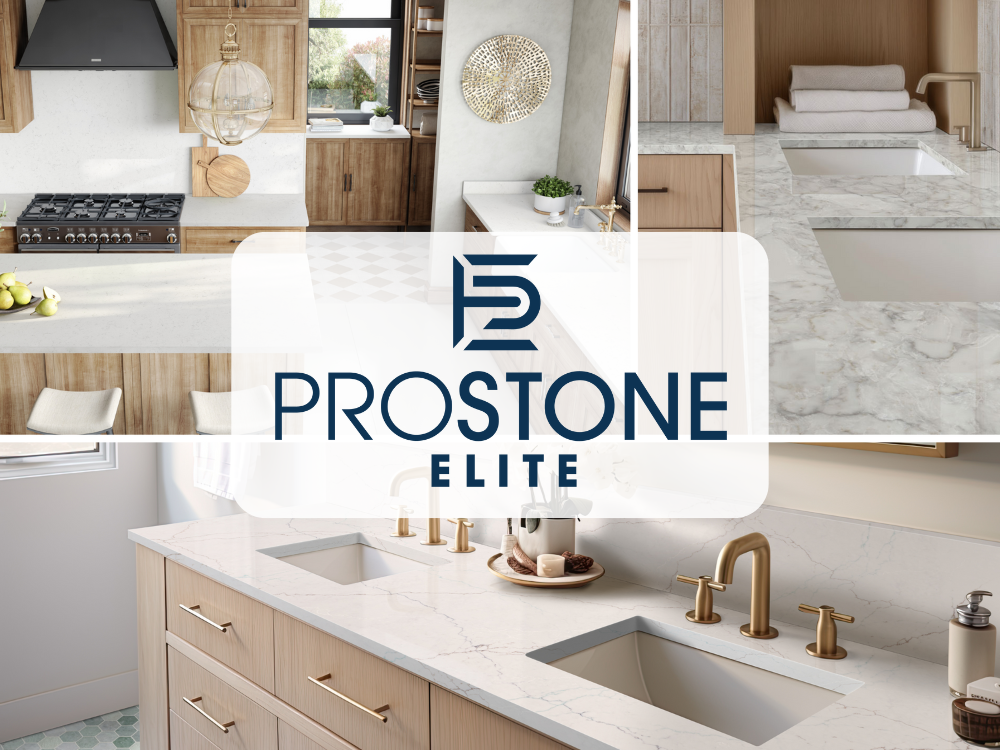 Kitchen and bathroom spaces featuring light-toned ProStone Elite quartz countertops with natural wood cabinetry and brushed gold fixtures