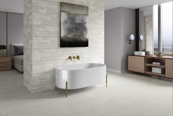 Bathroom scene featuring tiles by Marazzi available at ProSource Wholsale