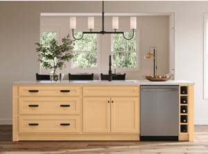 Yellow kitchen island in a contemporary kitchen setup, with cabinets, drawers, and a stainless steel dishwasher.