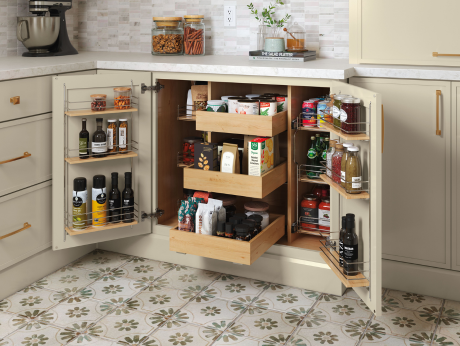 Kitchen base cabinet with organized pantry storage and pull-out drawers.