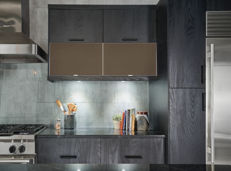 Contemporary kitchen featuring dark cabinetry, stainless steel cooker and fridge, countertop with books, utensils, and a potted plant.