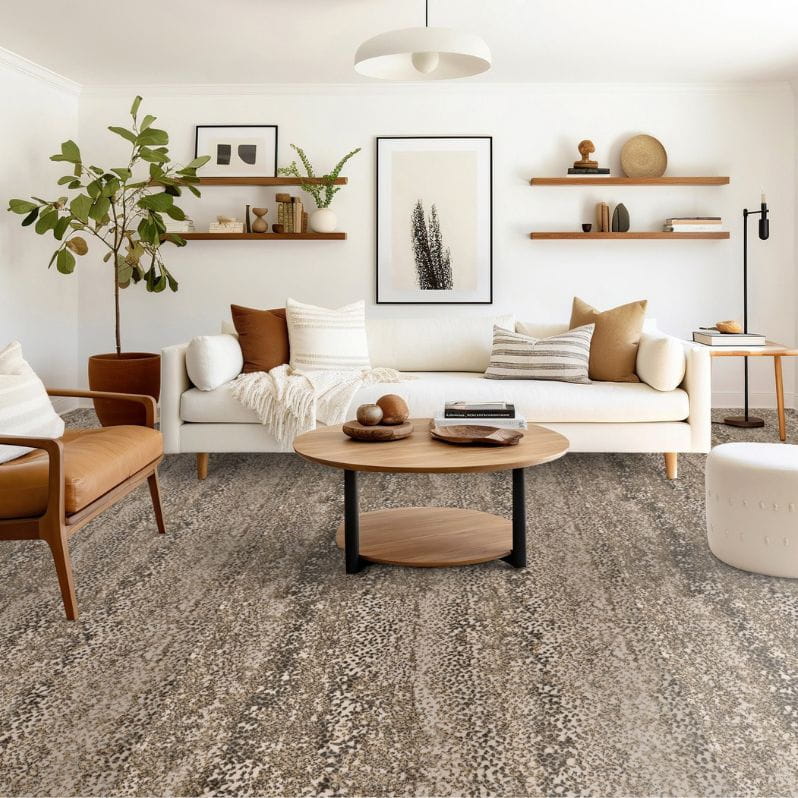 Bright living room with a white sofa, wood coffee table, neutral decor, and speckled patterned carpet flooring.