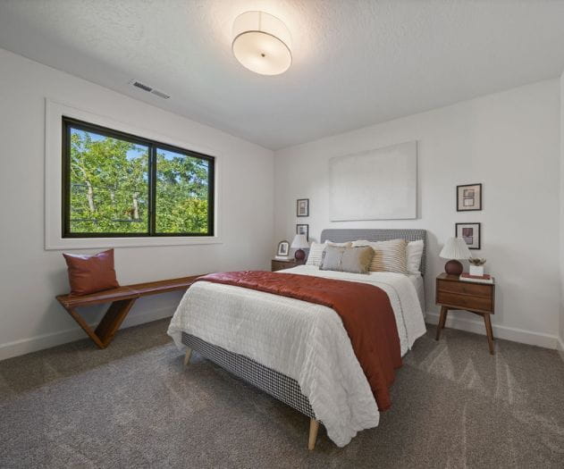 Factory direct Oregon trail cool tone dark brown carpet in a bedroom