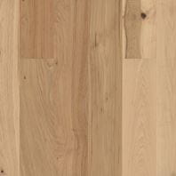 Avienda Sawn Face engineered hickory flooring in a warm honey color, featuring elongated planks with pronounced grain, knots, and a textured sawn surface.