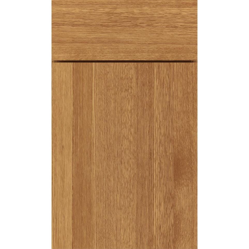 Decora Della Slab cabinet door in Wheatfield quartersawn oak, featuring a flat slab profile and visible straight wood grain.