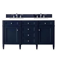 James Martin Brittany double bathroom vanity in victory blue with raised panel doors and contrasting countertop.