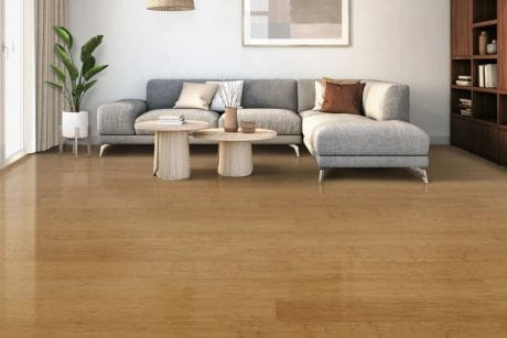 Modern living room with gray sectional sofa, wooden coffee tables, wooden floor, a potted plant, framed picture, and bookshelf.