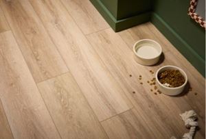 Coretec light wood flooring with pet bowls and a toy on it.