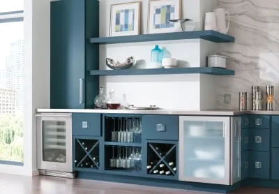 Open and colorful kitchen cabinet storage from Decora