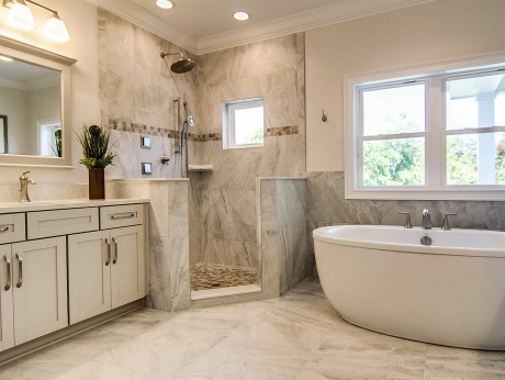 Bathroom with Eurasia Bianco and mosaic