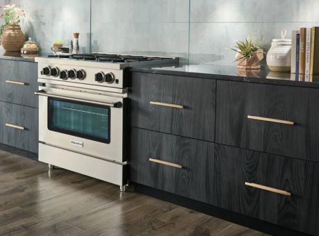Modern kitchen with a stainless steel stove and dark cabinetry, accented by decorative items and a clean design.