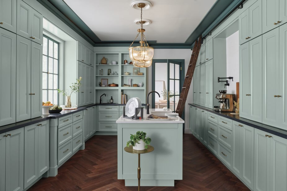 Green cabinetry and shelving in a kitchen