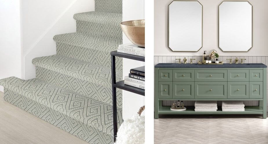 Patterned green carpet on the stairs and a green vanity in the bathroom