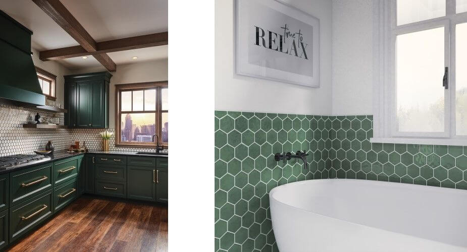 Green cabinets in a kitchen and green hexagon tile on a bathroom wall