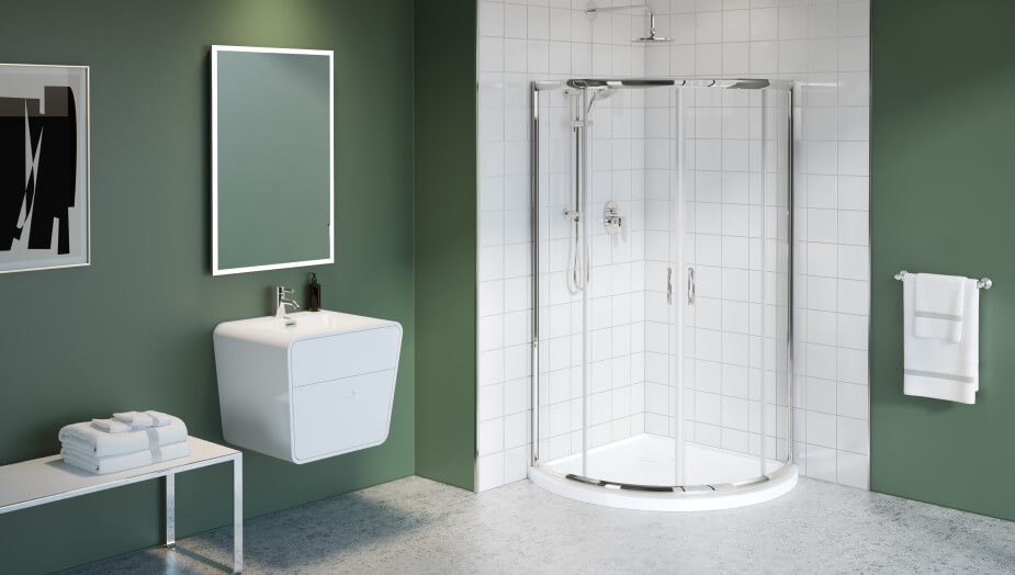 Green walls in a bathroom with a shower