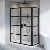 Fleurco Latitude Pivot shower door in black color available at ProSource Wholesale
