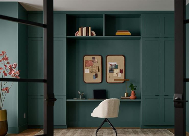 A sophisticated look for this office with 2026 color of the year hidden gem