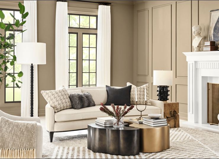 Modern living room with stunning molding drenched in 2026 color of the year Universal Khaki 
