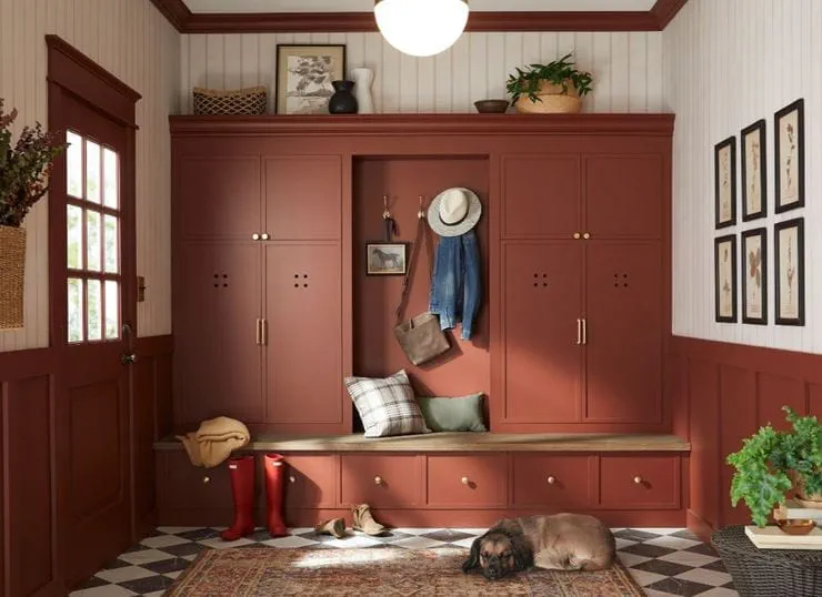 Home mudroom brough to life with 2026 color of the year Warm Mahogany