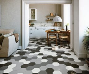 Multicolor hexagon floor tile in a living room and kitchen