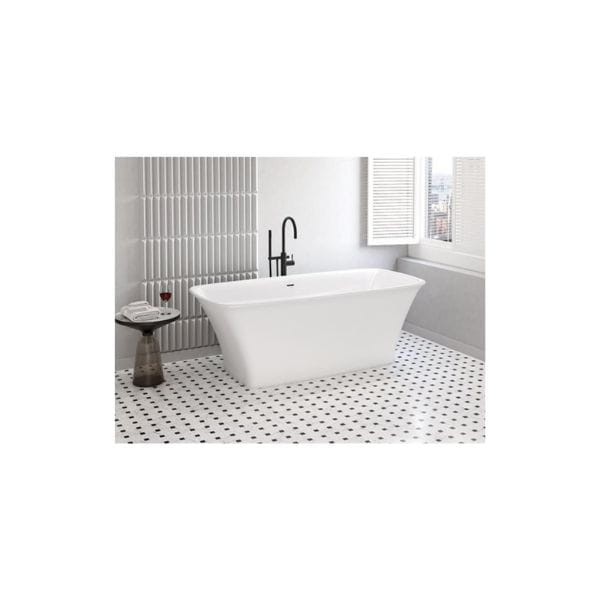 “Modern white freestanding bathtub in a bright bathroom with black floor-mounted tub filler and patterned floor tile.”