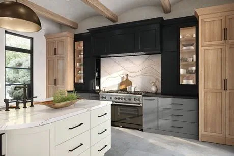 Modern kitchen with wooden and black cabinets, marble countertop, and large window.