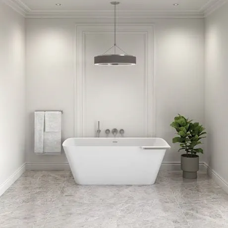 Minimalist bathroom with a white freestanding tub, pendant light, towel rack, and potted plant.
