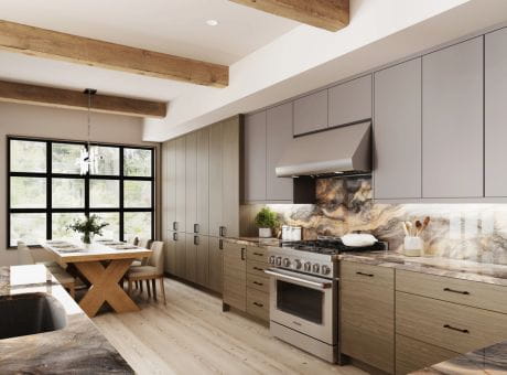 Modern kitchen interior showcasing wooden cabinets, stone countertop, a dining table, large windows, and ceiling beams.