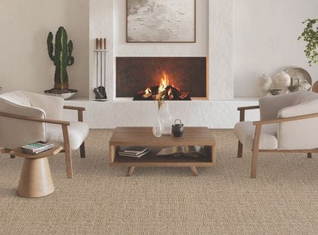 Elegant living room with Masland Carpet, modern furniture, and a fireplace.