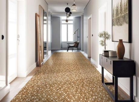 Hallway with a textured Stanton carpet runner, modern furnishings, wall art, console table, and pendant lighting.