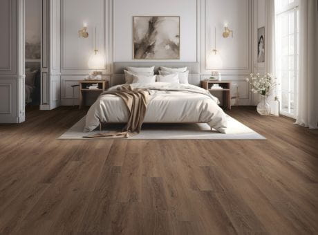 Modern bedroom with wooden vinyl flooring, stylish decorations, and natural light.