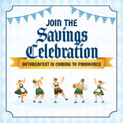 Promotional graphic advertising the Oktoberfest savings event at ProSource, including cartoon characters in traditional German attire with banners and celebratory text.